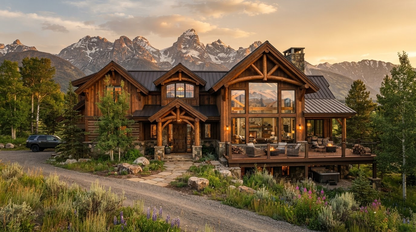 Beautifully finished mountain home in Jackson Hole, Wyoming with wood siding and Teton mountain views