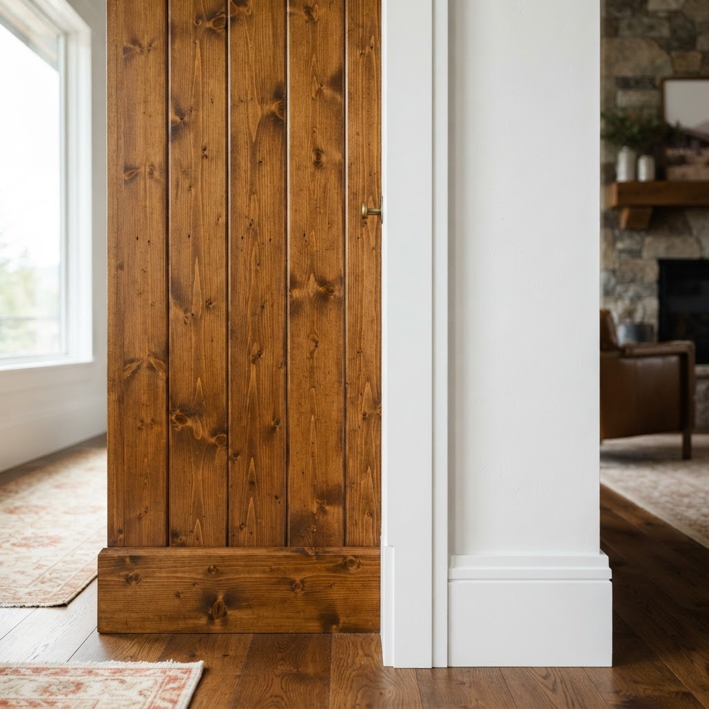 Finished interior wood wall with crisp painted trim in a Jackson Hole mountain home