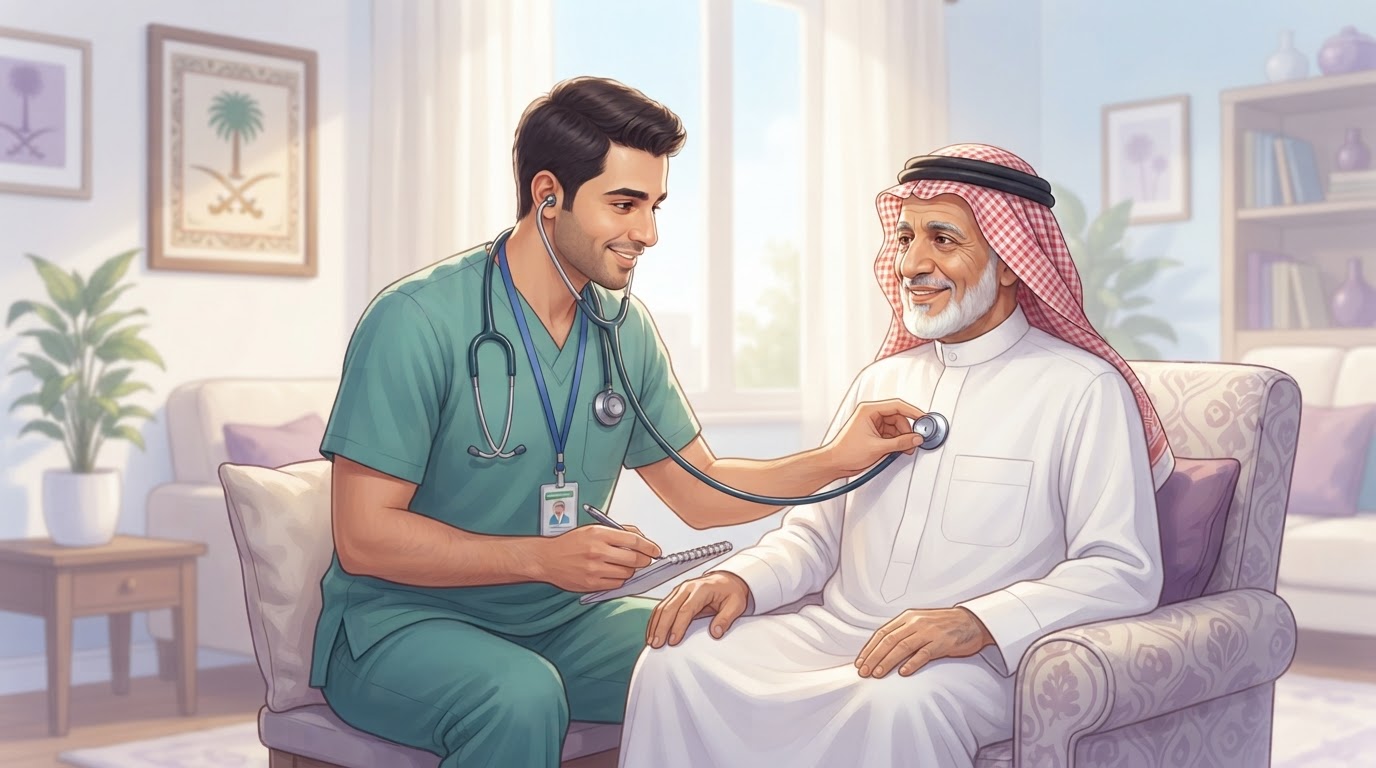 طبيب يجري فحصًا طبيًا شاملًا لكبير سن في المنزل