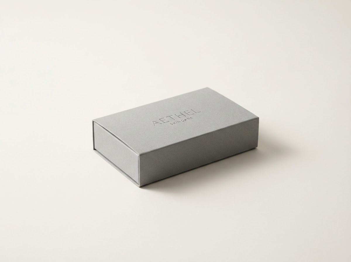 Minimalist matte grey product packaging box on an off-white studio background