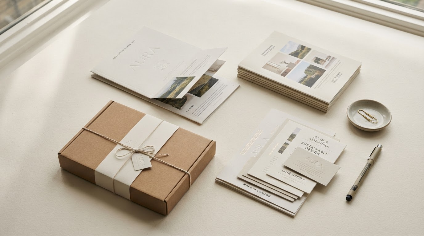 Flat-lay of premium printed materials, packaging, catalogues and brochures on a warm off-white surface