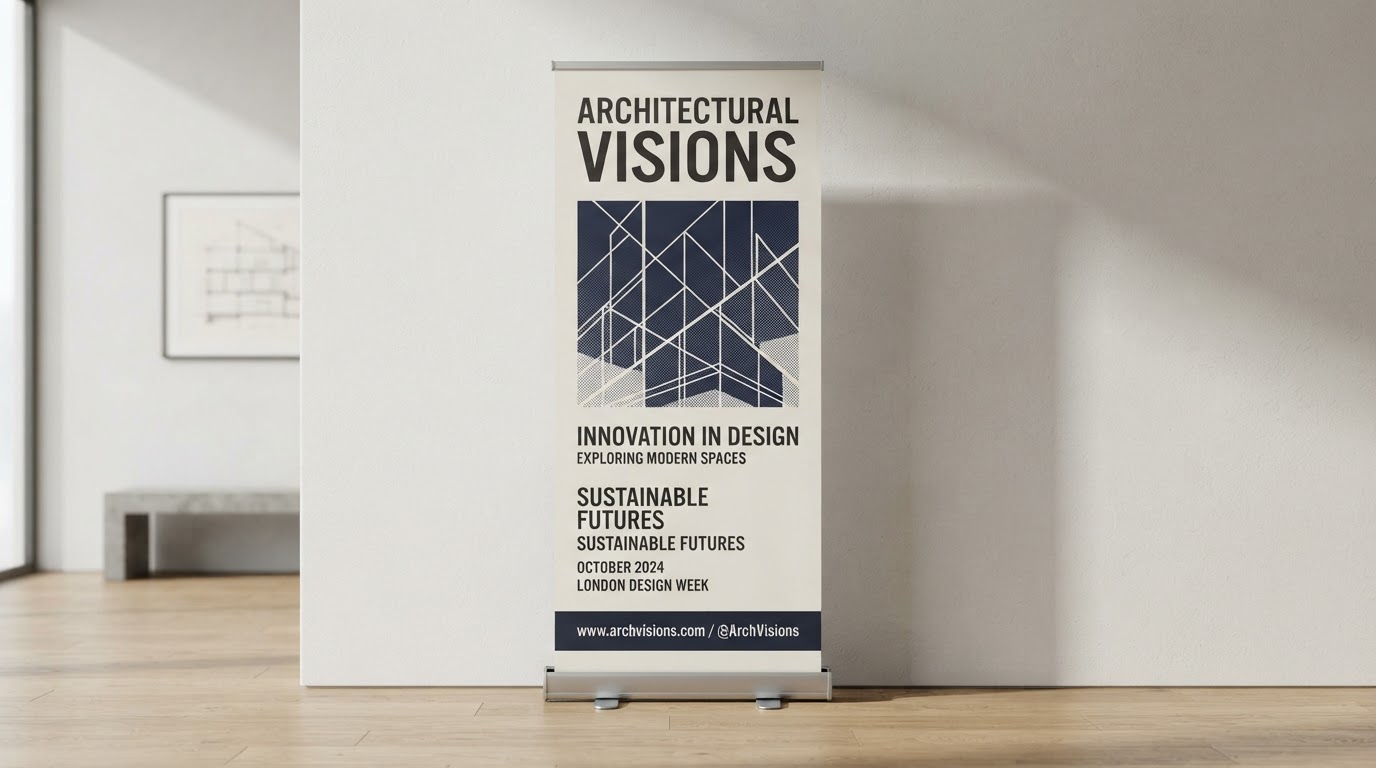 Large-format exhibition display panel with bold typography against a neutral wall
