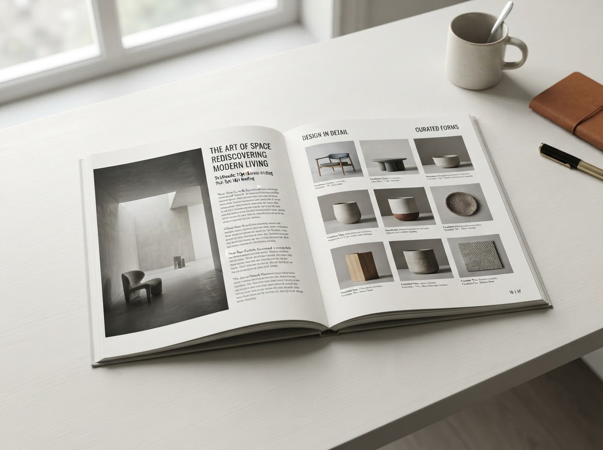 Opened premium brochure spread with editorial typography and image grids