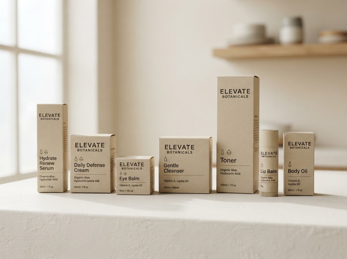 Coordinated range of multi-SKU product packaging with consistent design language