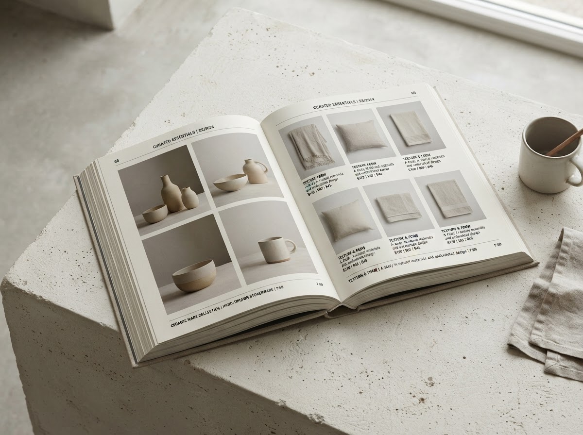 Open printed product catalogue showing clean editorial grid layouts