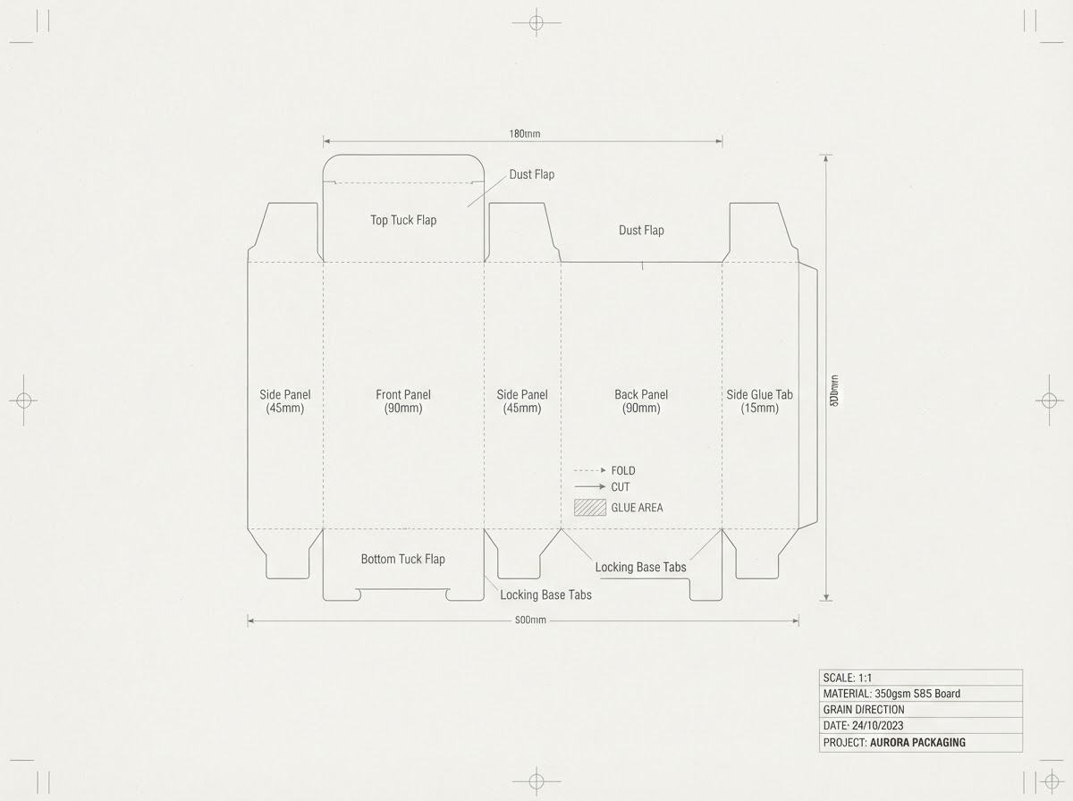 Packaging dieline technical artwork with cut and fold lines and crop marks