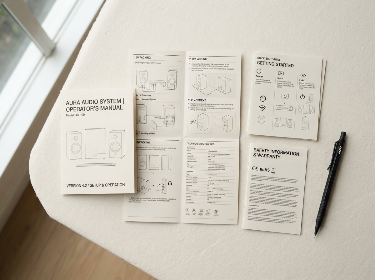 Folded printed instruction booklet and leaflets with technical layout