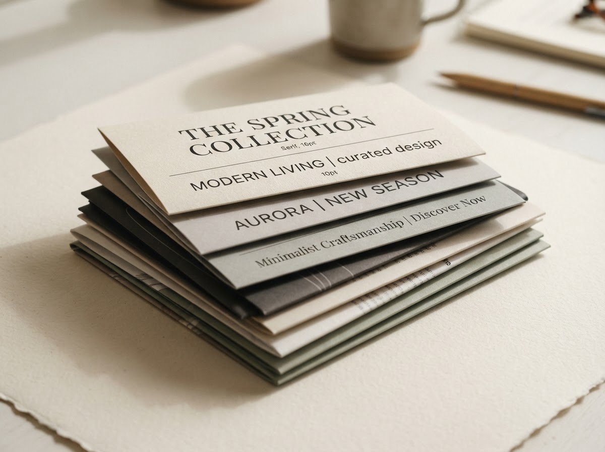 Stack of folded promotional leaflets and flyers with minimal printed typography