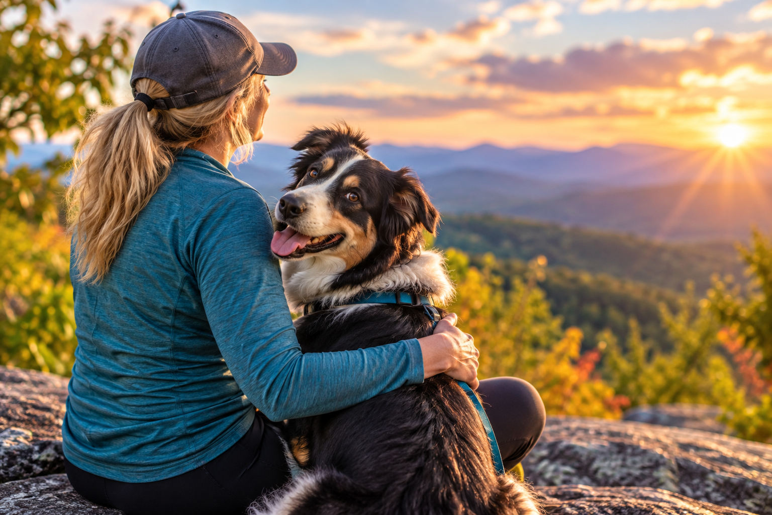 Woman sitting with her happy dog on a scenic mountain overlook at sunset, looking relaxed and connected