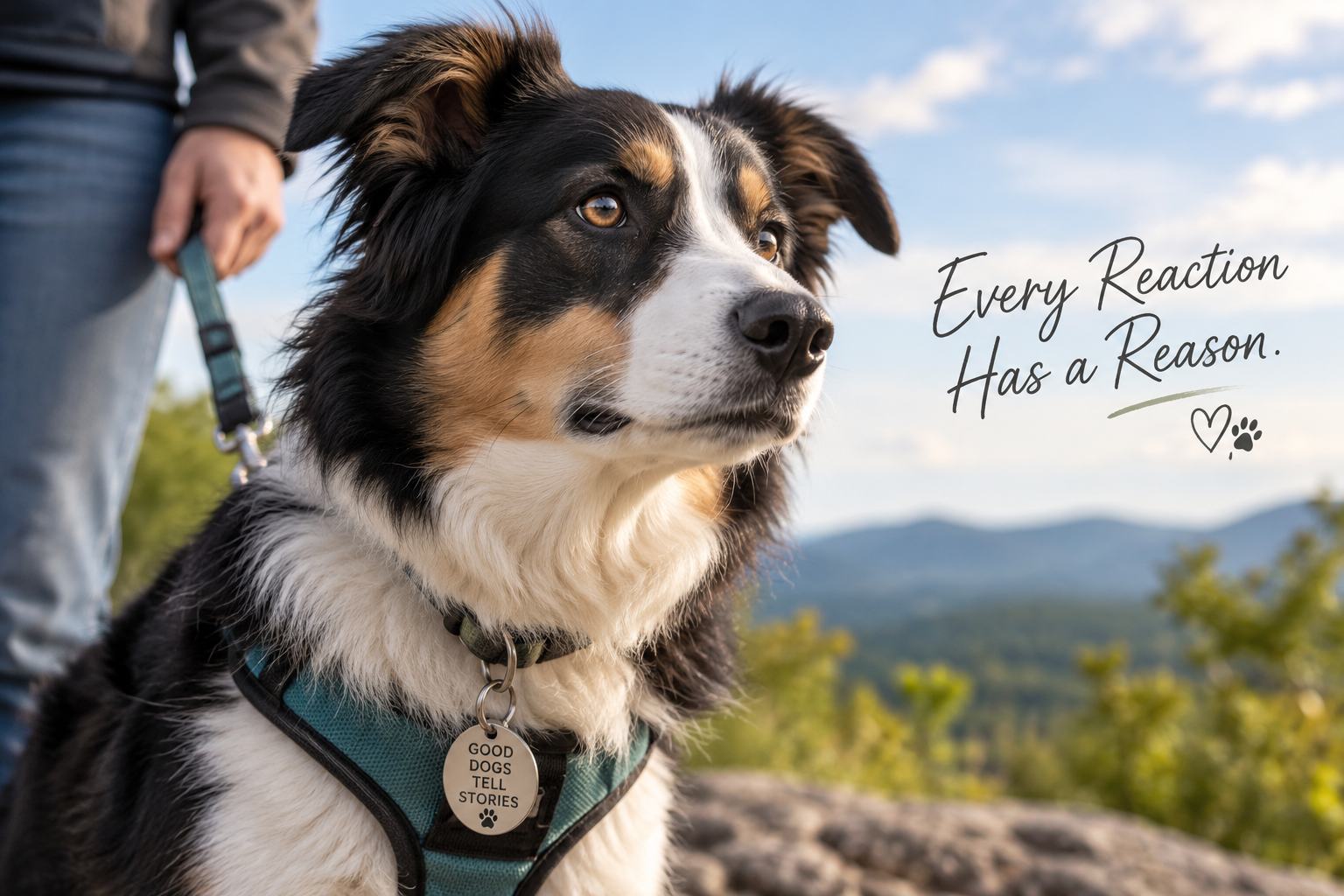 An attentive dog on a leash looking alert and connected with its person in the mountains — every reaction has a reason