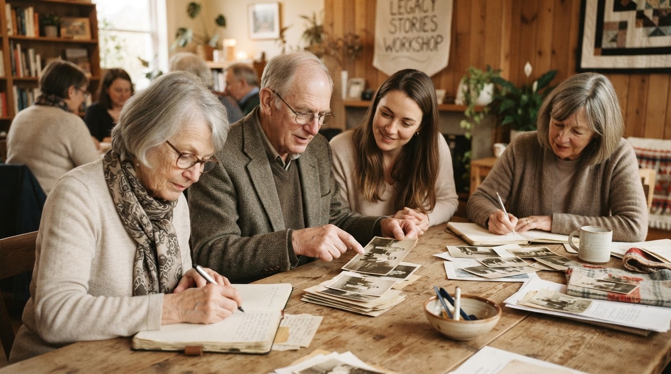 People writing in notebooks and looking at old family photos together at a cozy table in a community room