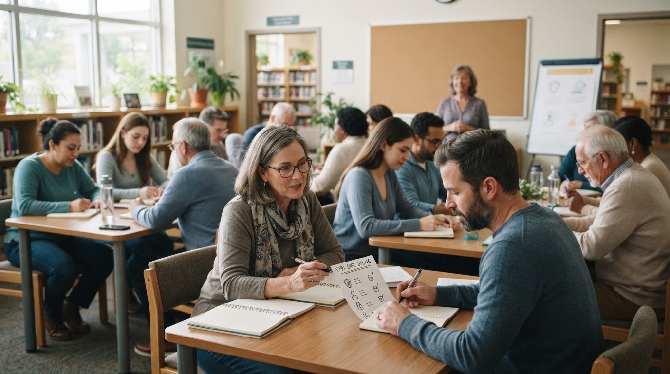 Neighbors seated at tables in a bright library community room, reviewing a simple identity-protection checklist together