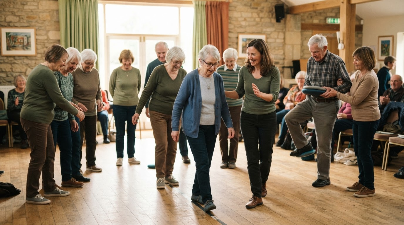 Older adults doing gentle balance and walking practice in a bright community hall with an encouraging facilitator