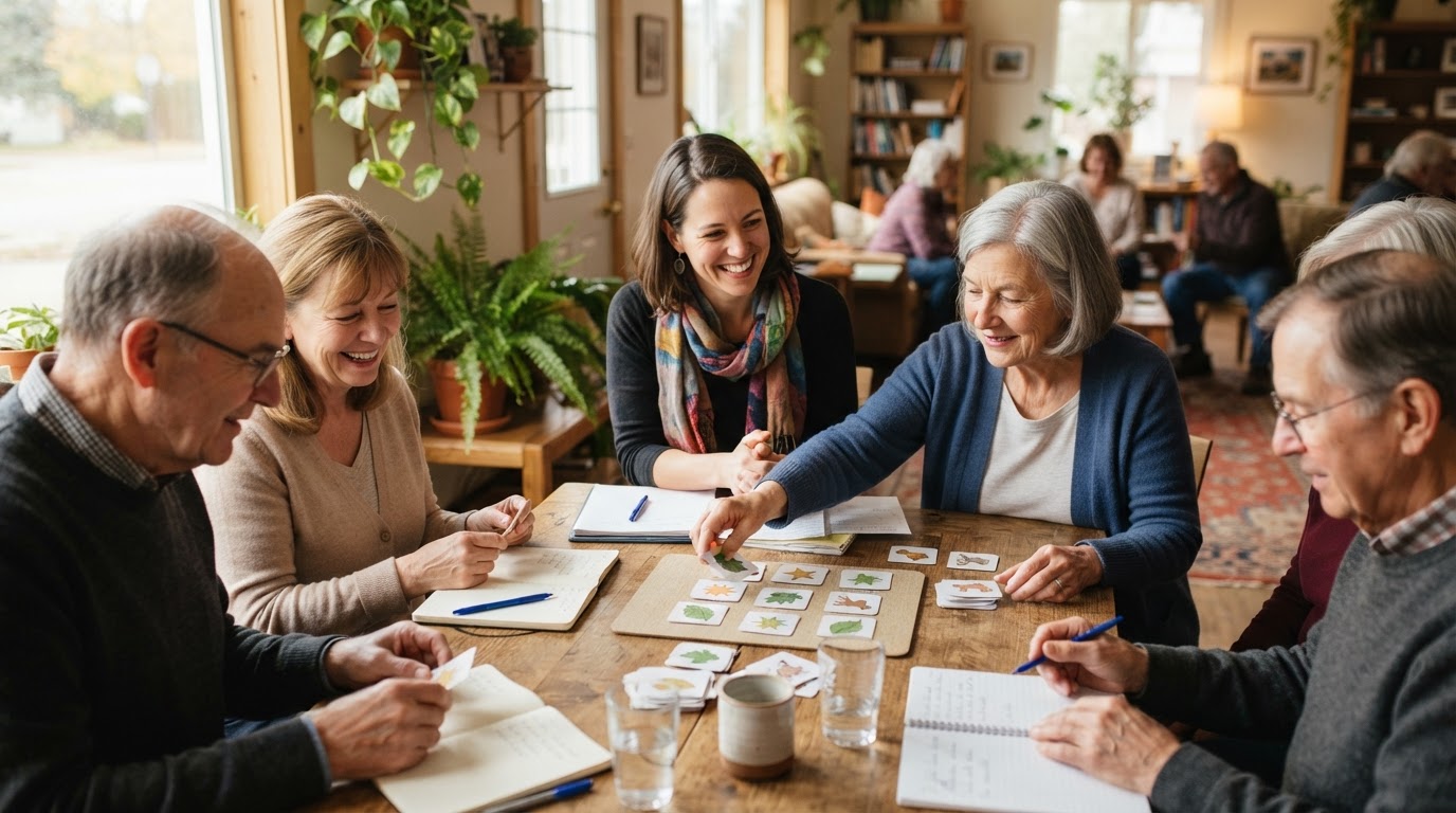 Older adults and a facilitator doing a simple memory and focus activity with cards and notebooks in a sunlit community center