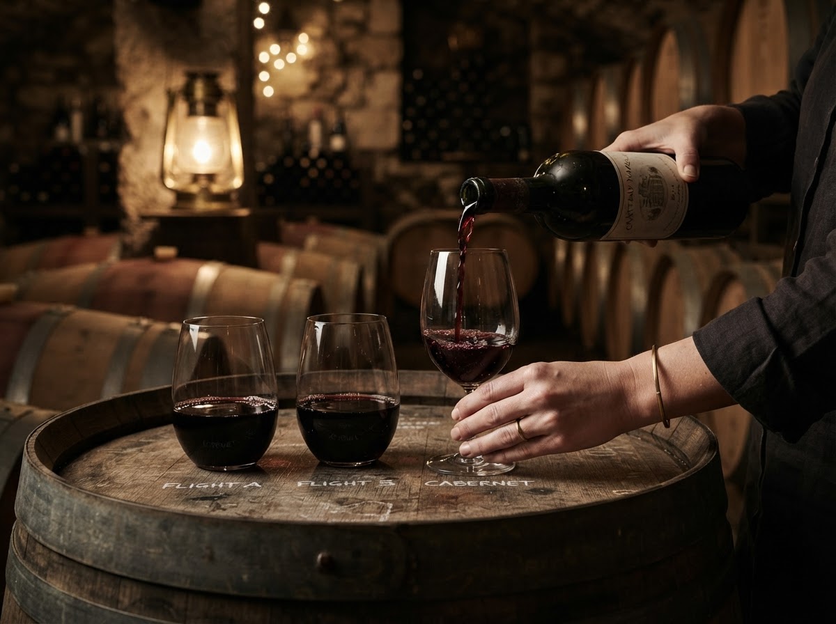 A wine tasting flight on a barrel head in low golden light