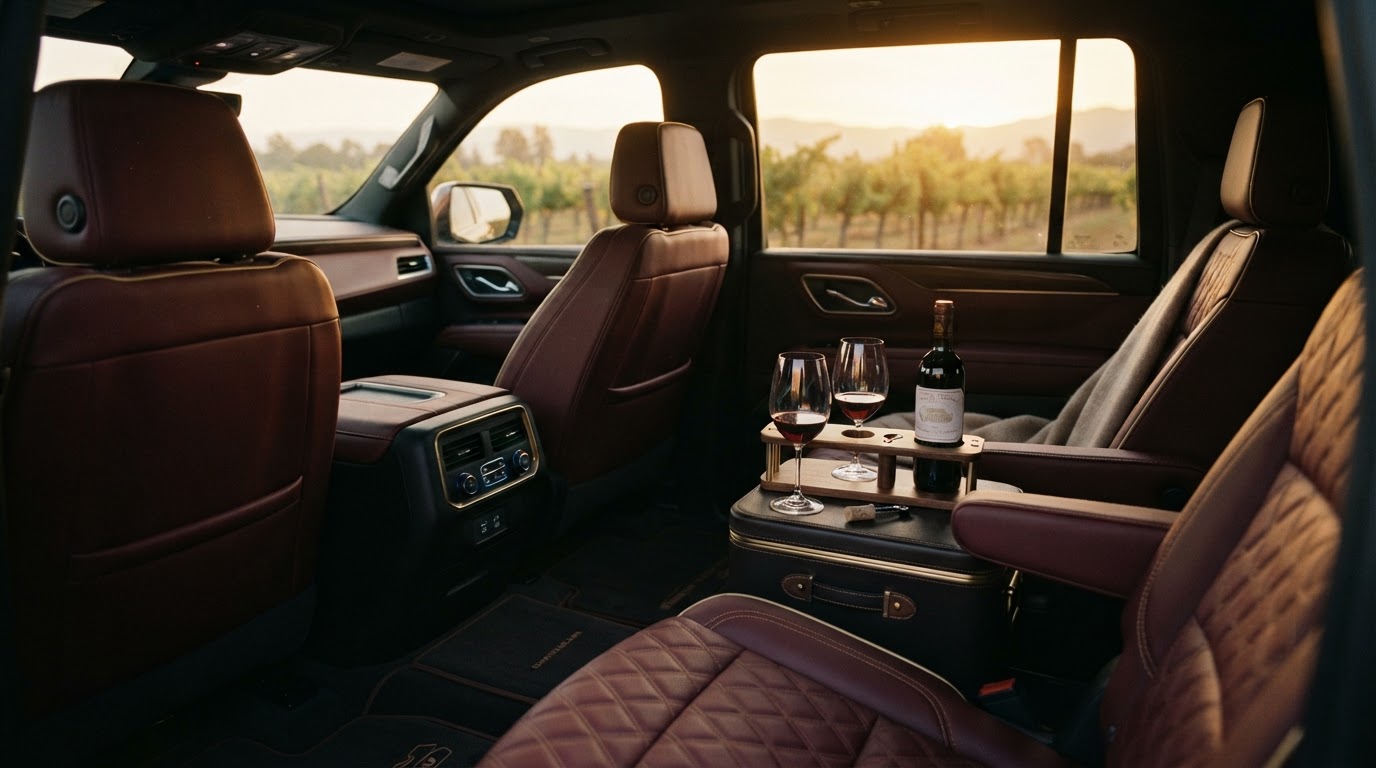Interior of the luxury SUV at golden hour with vine rows visible through the window