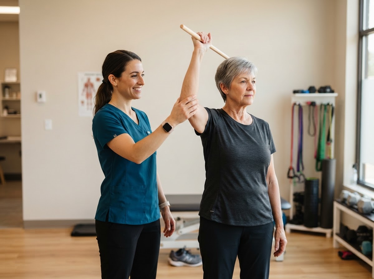 Physical Therapist guiding a patient through a shoulder mobility exercise in a Schuster Physical Therapy clinic