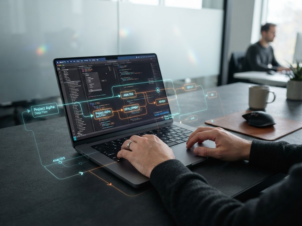 Hands working on a laptop with AI workflow lines overlaid