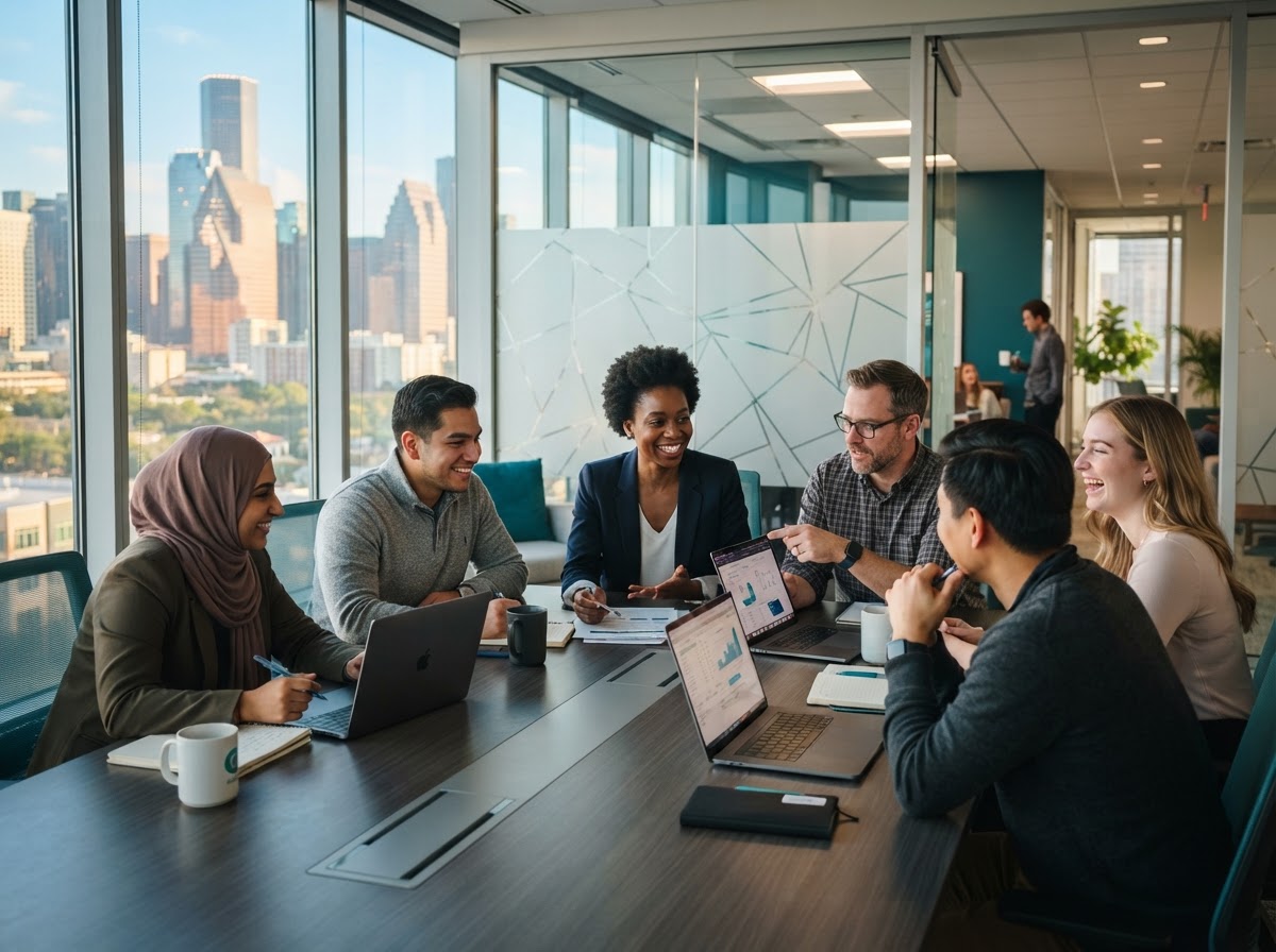 A team collaborating in a modern Houston office
