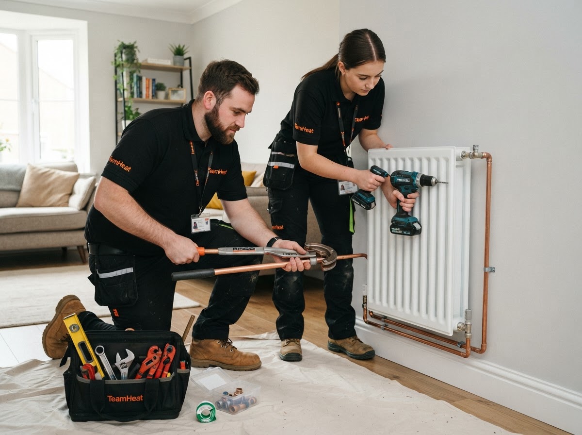 Two TeamHeat engineers fitting a radiator and pipework