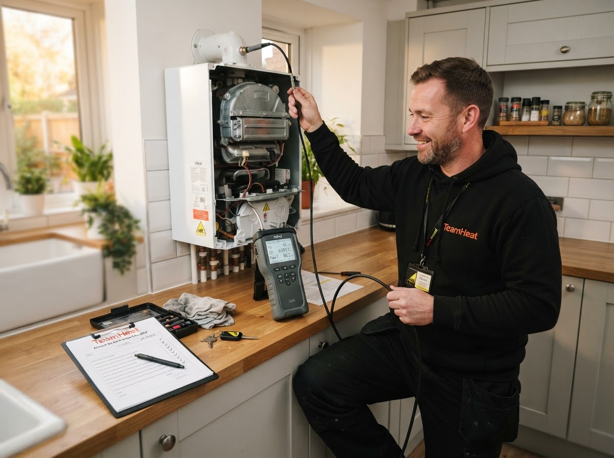 TeamHeat engineer servicing a boiler with a flue gas analyser