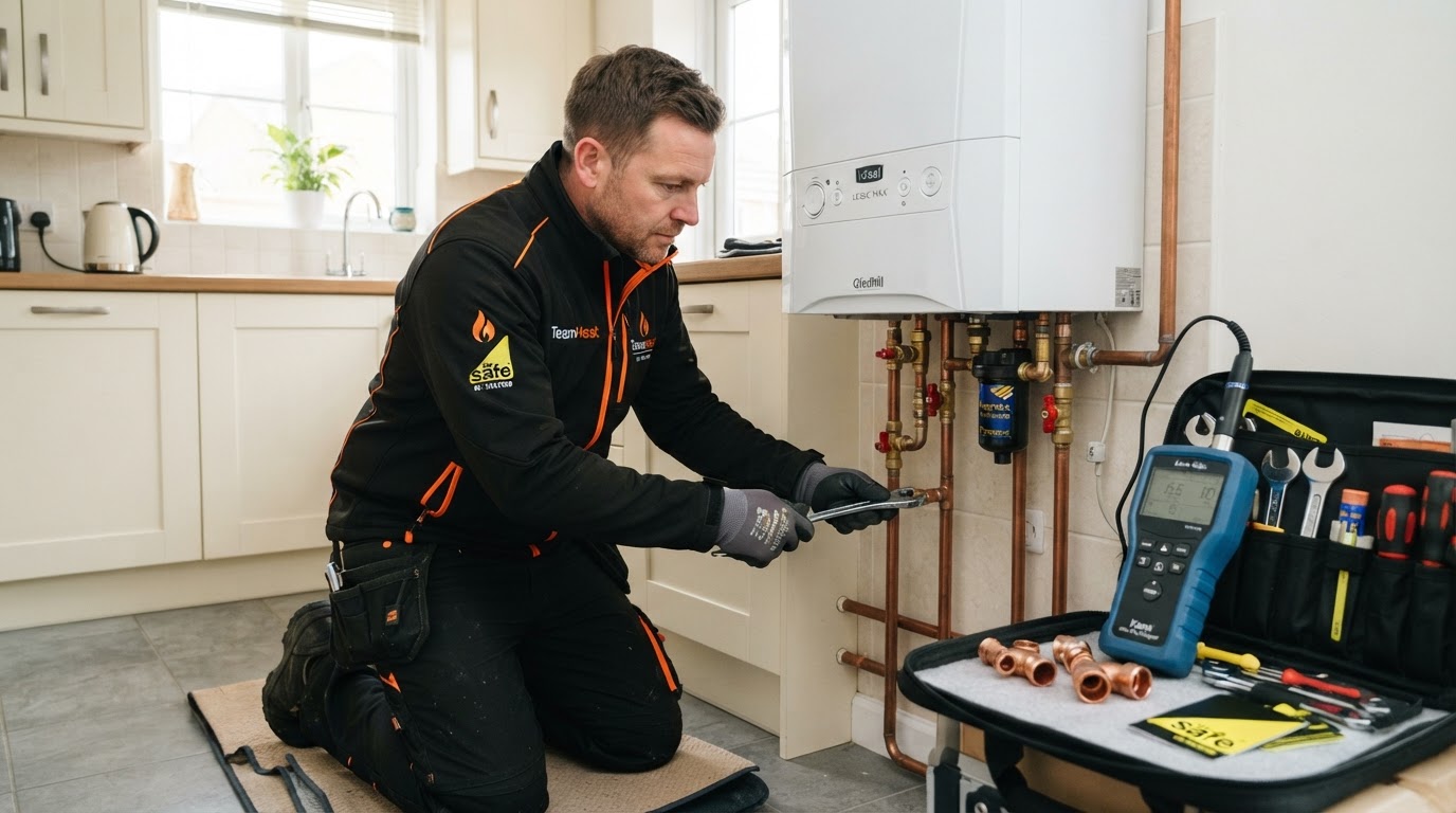 TeamHeat engineer installing an Ideal combi boiler in a kitchen