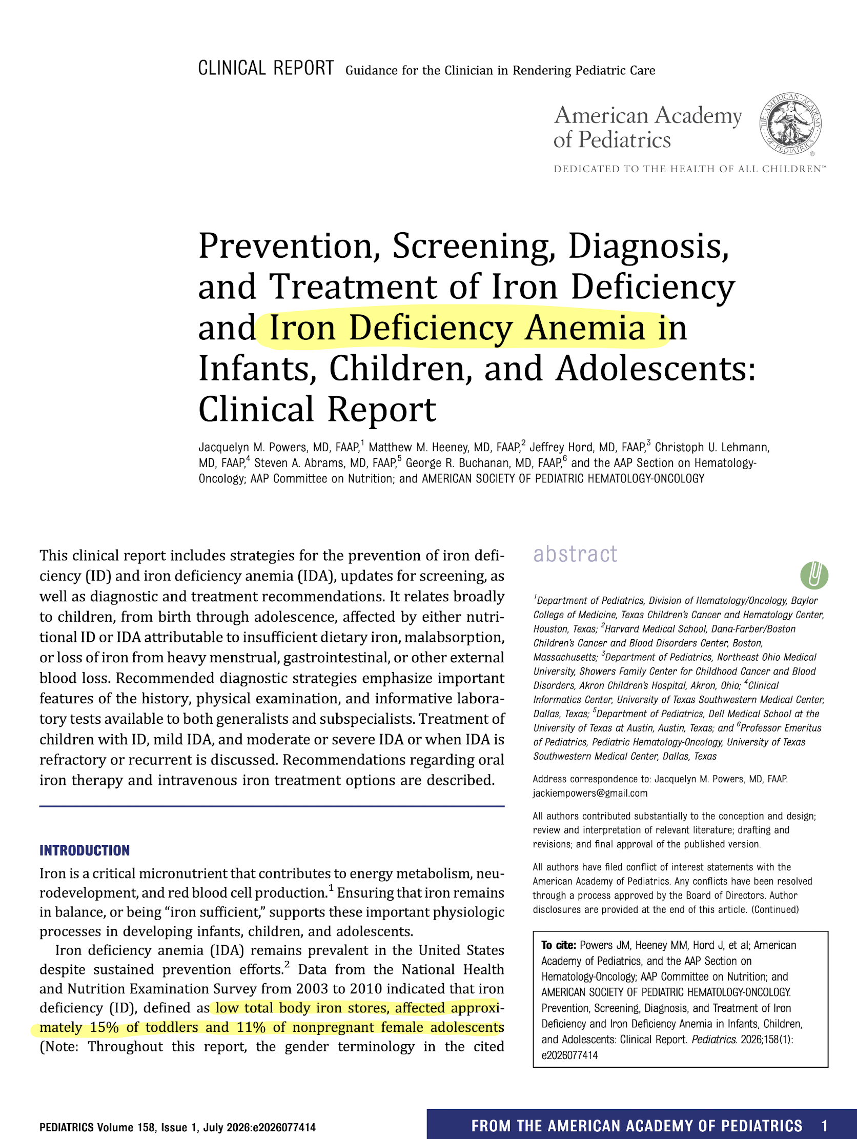 American Academy of Pediatrics Clinical Report: Prevention, Screening, Diagnosis, and Treatment of Iron Deficiency and Iron Deficiency Anemia in Infants, Children, and Adolescents