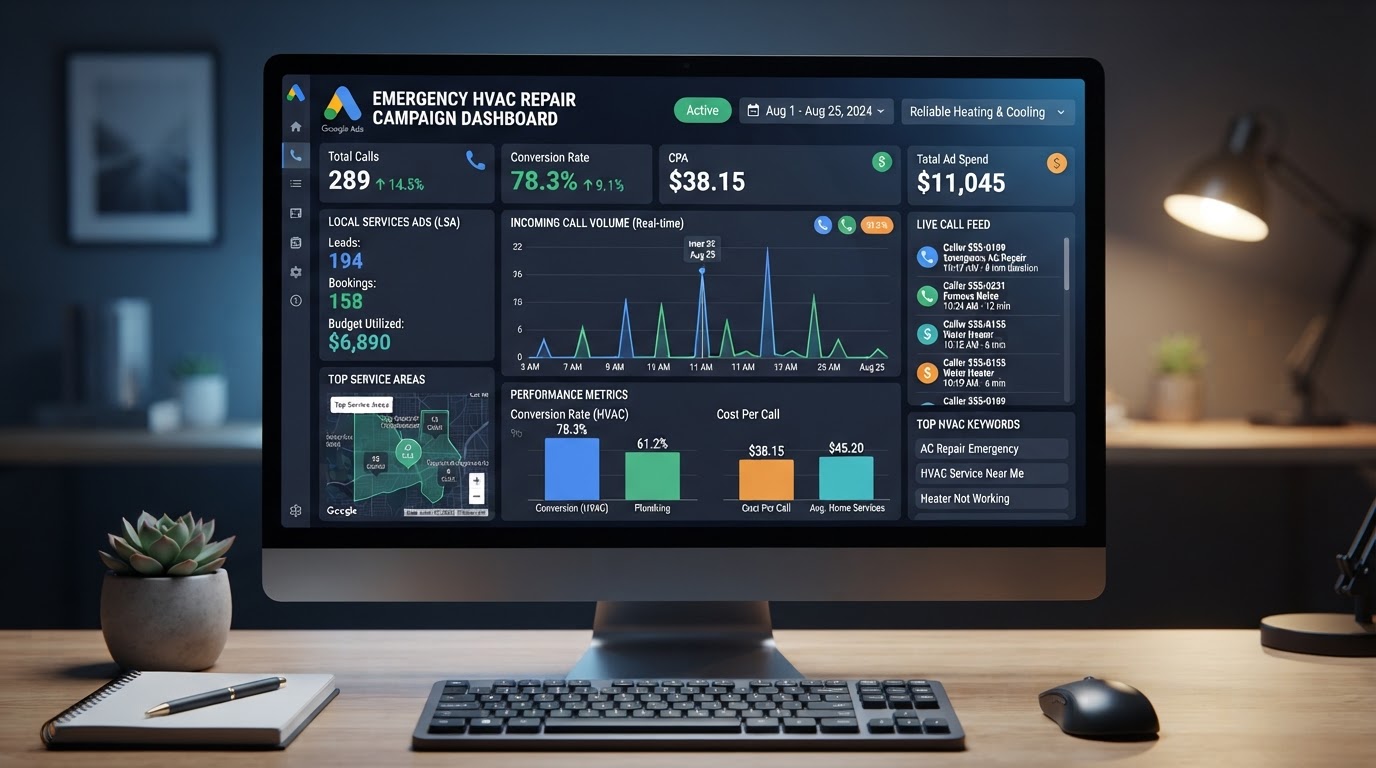 Google Ads and Local Services pay-per-call lead acquisition dashboard