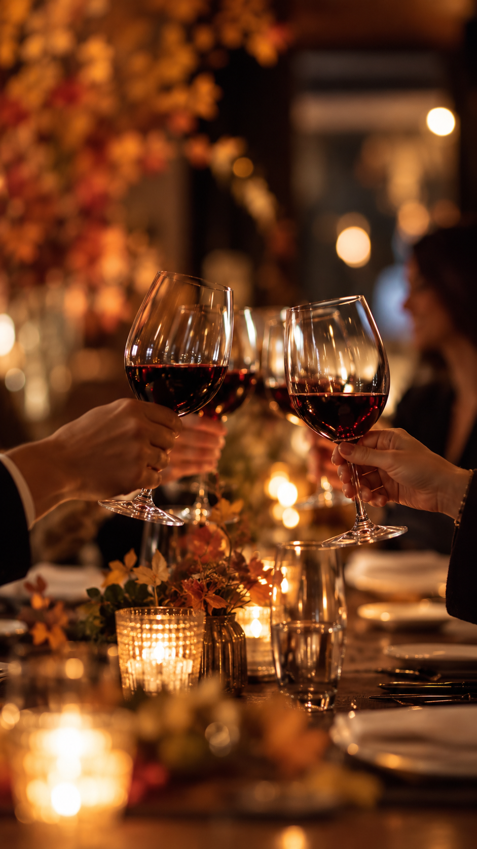 Warm candlelit Thanksgiving toast with wine glasses at Et Voilà French Bistro in San Diego