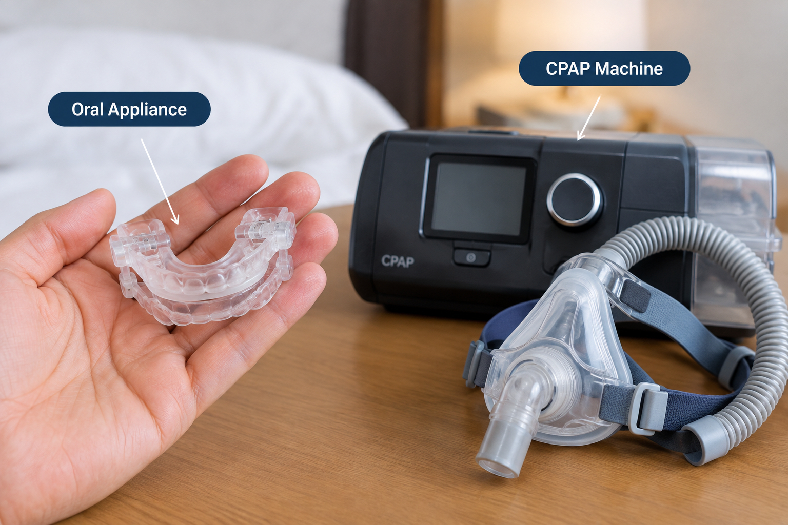 Clear custom oral appliance in a hand beside a bulky CPAP machine and mask