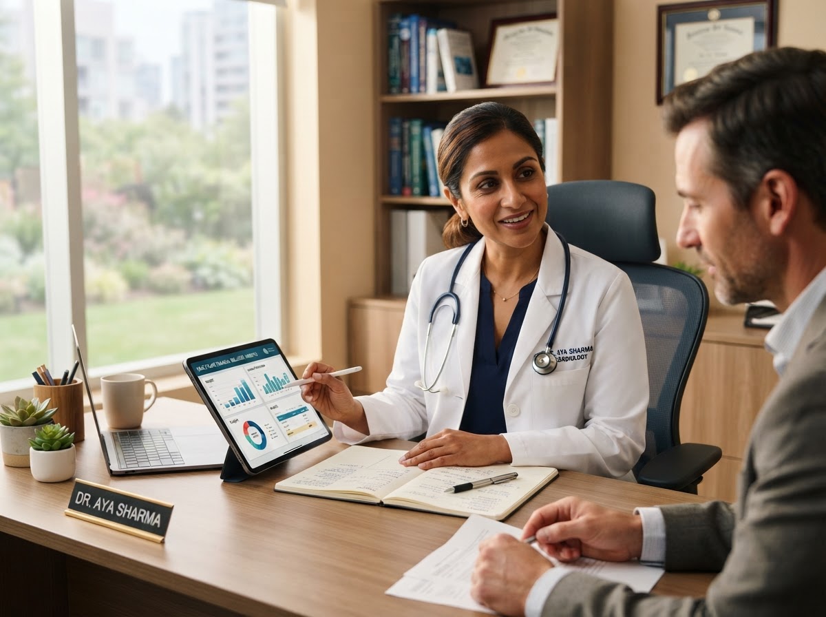 A physician thoughtfully reviewing information at her desk