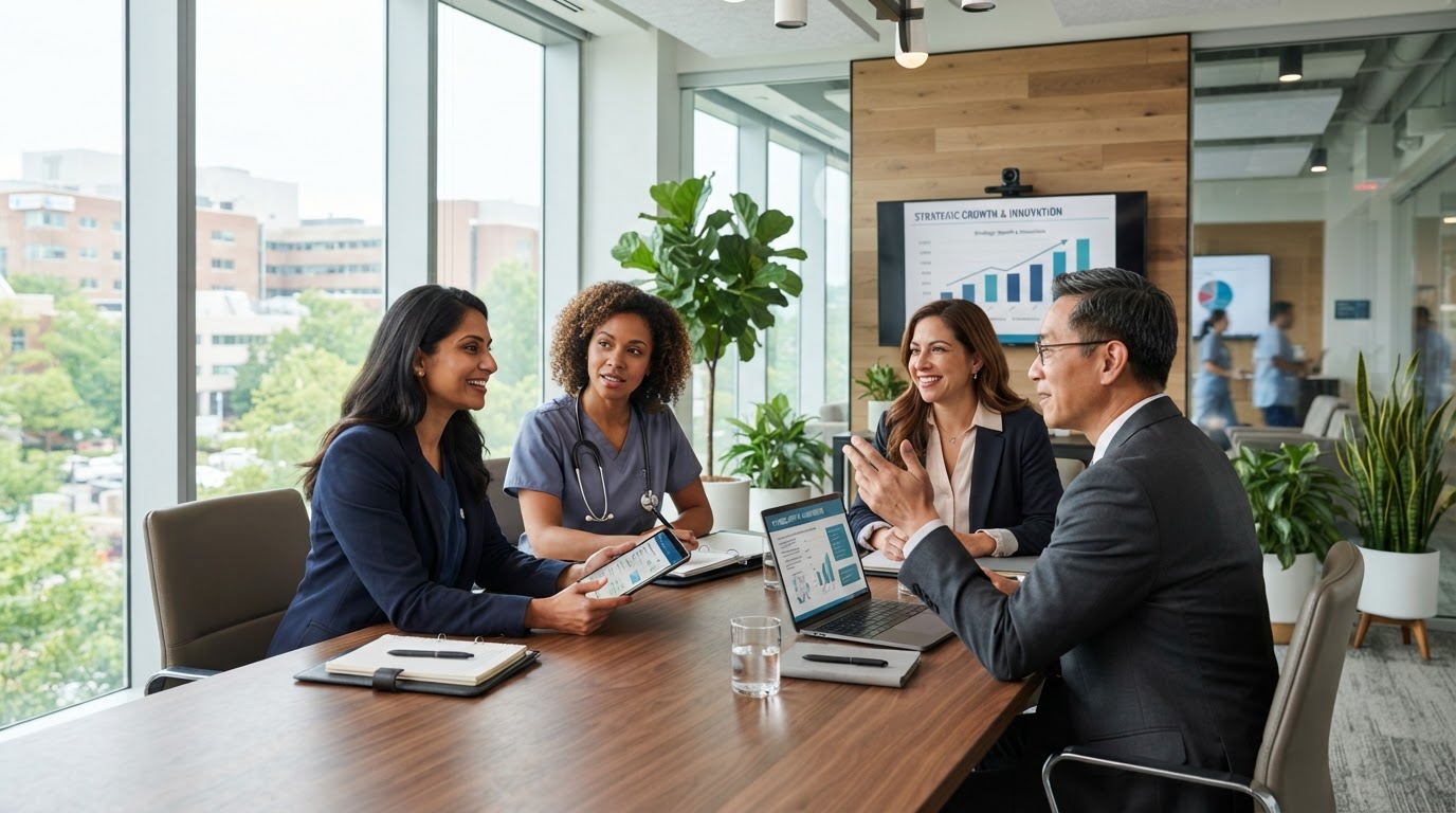 Medical team collaborating in a modern conference room