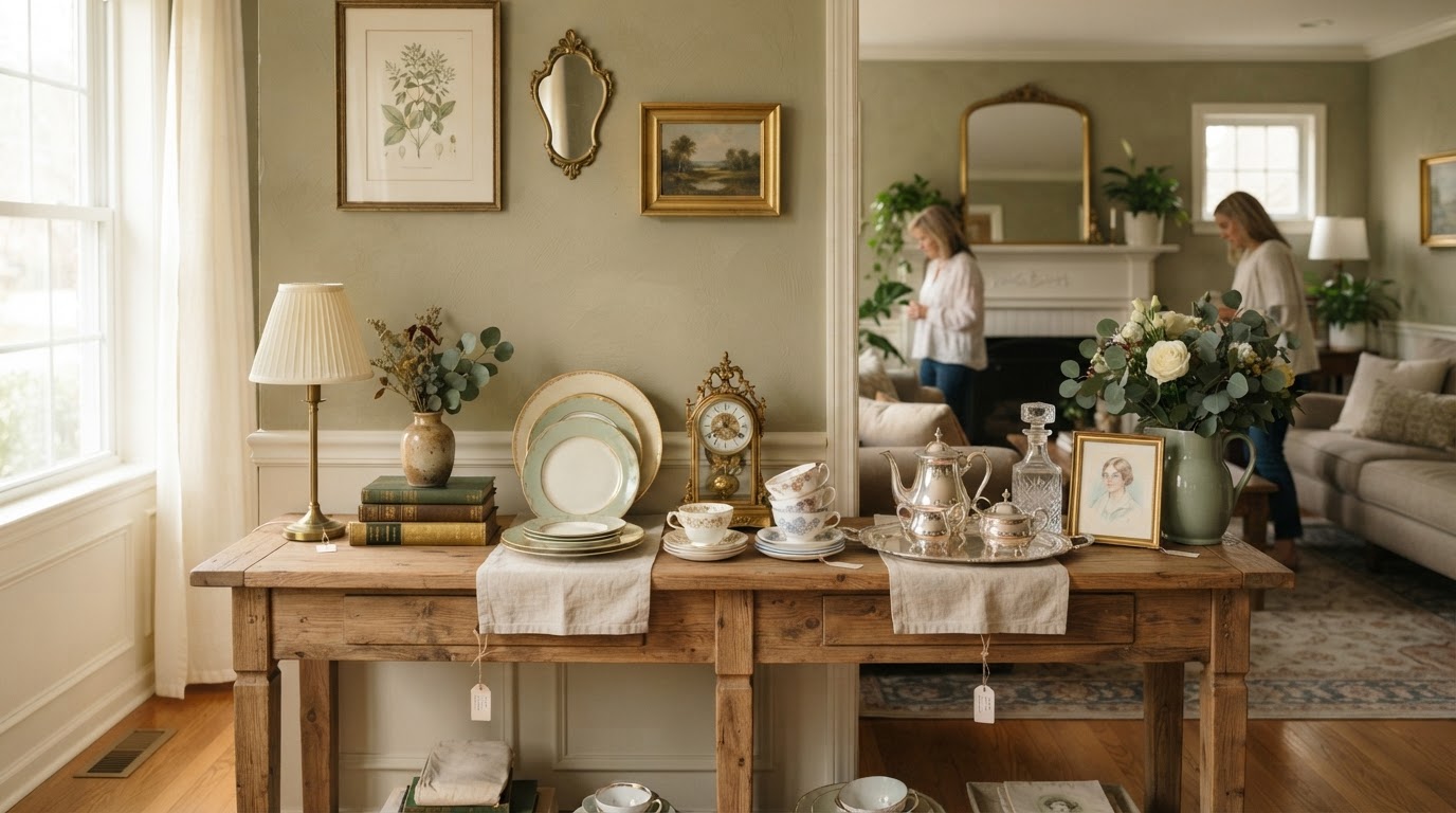 A tastefully arranged estate sale display in a warm living room
