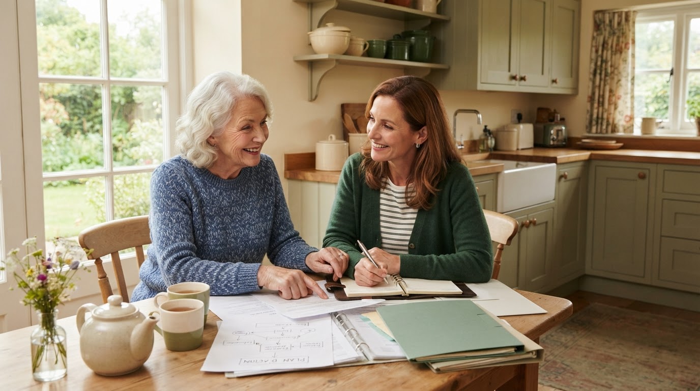 A family reviewing a transition plan together at a kitchen table