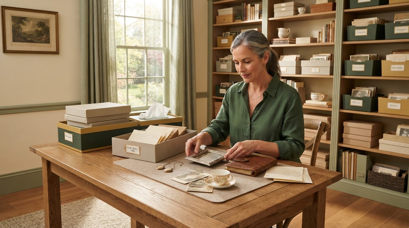 A sunlit room being thoughtfully sorted and organized