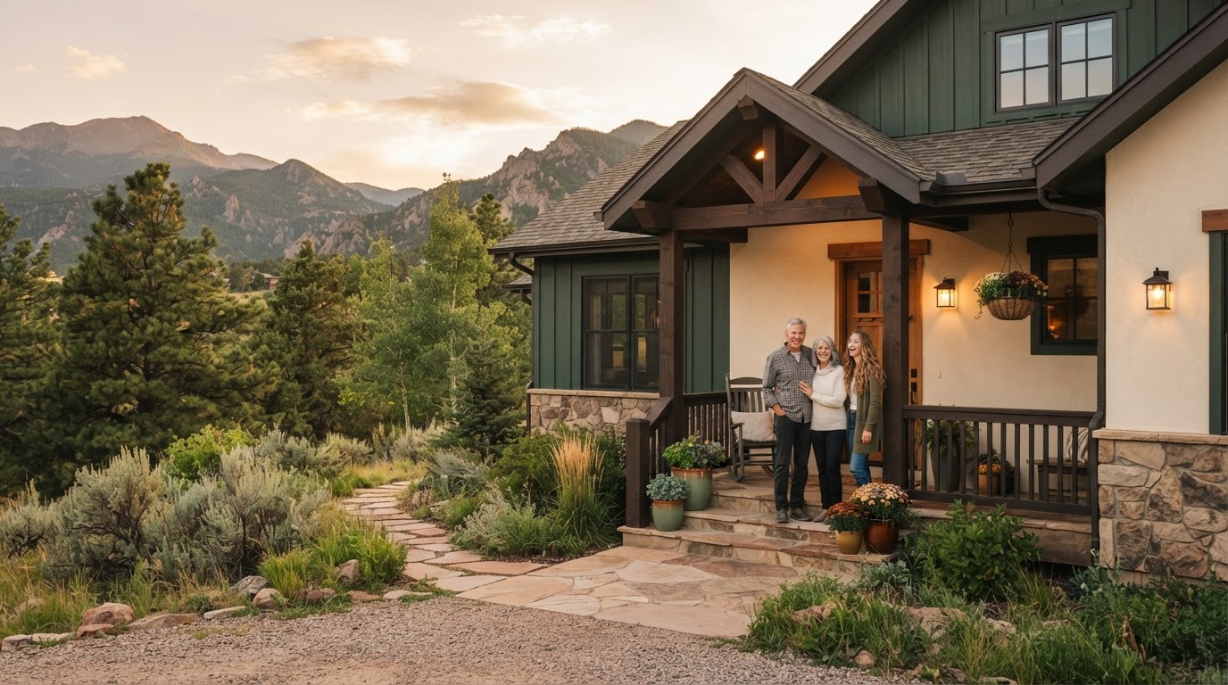 A family gathering on a warm Colorado Springs home porch at golden hour