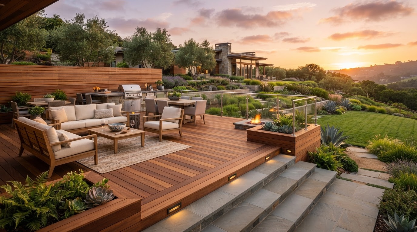Terraza de madera con escaleras de piedra al atardecer en Sterling, Virginia