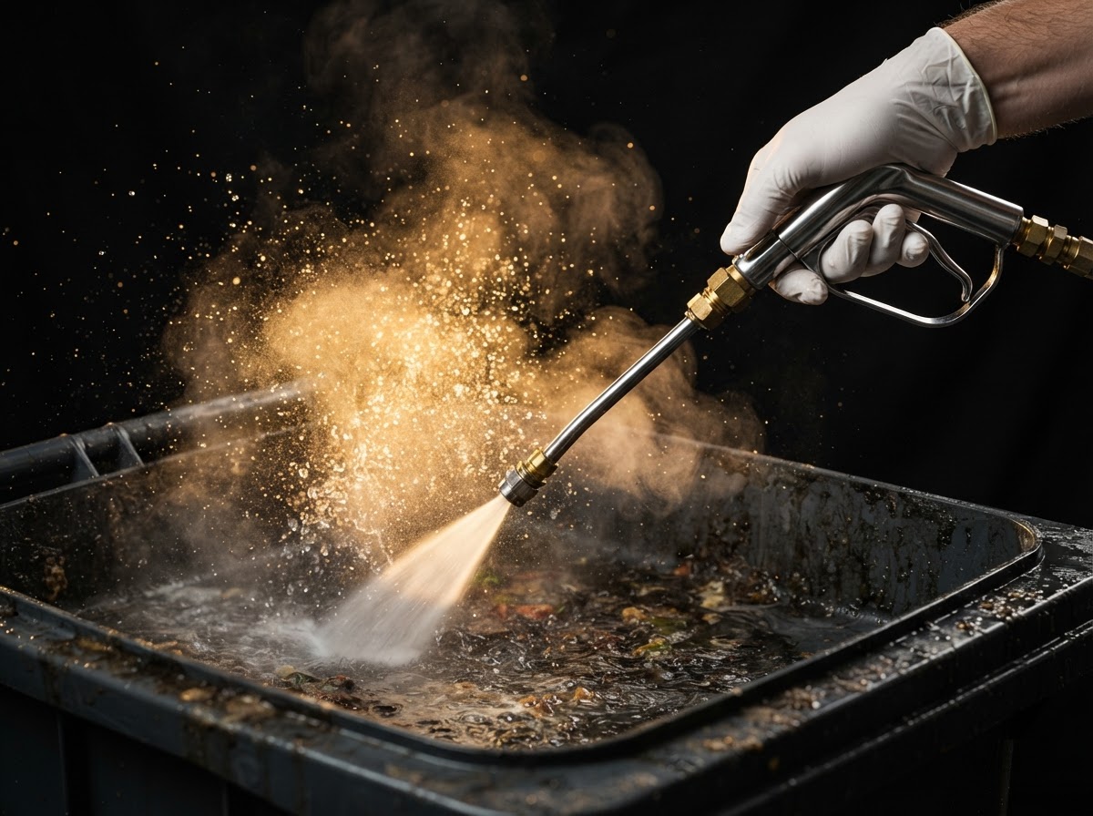 Hot-water jet cleaning the interior of a bin