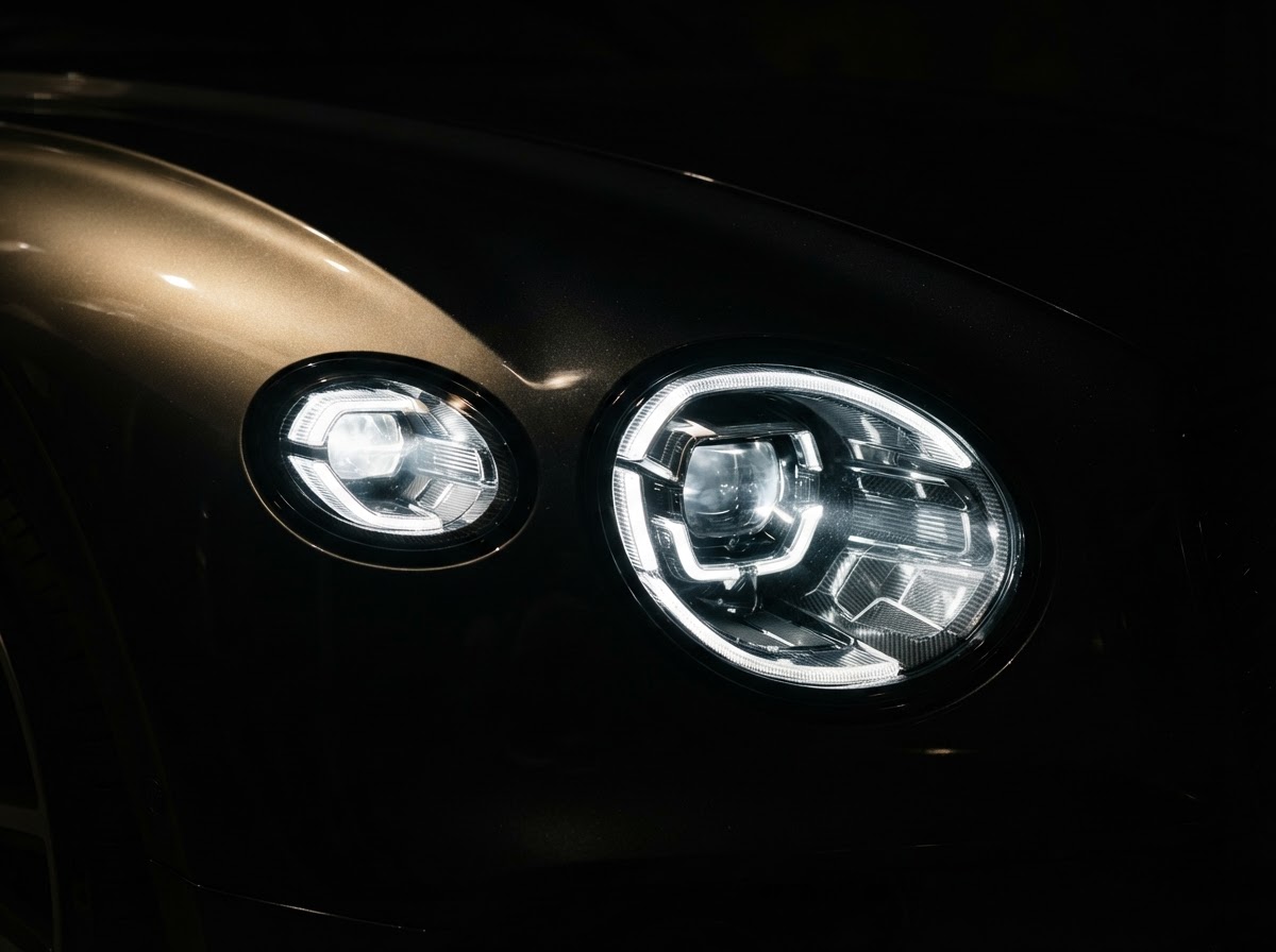 Detail of a luxury vehicle headlight at dusk