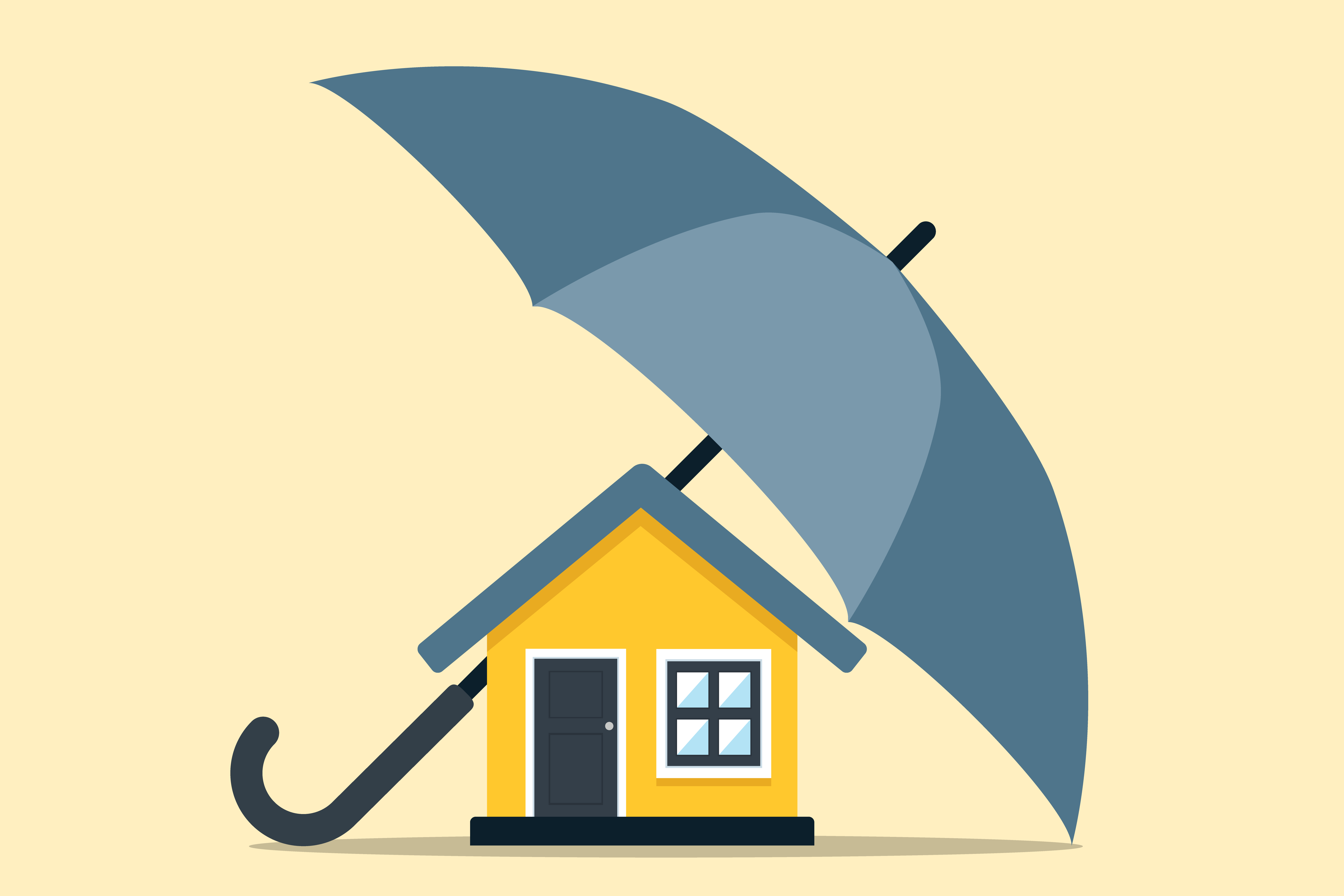 House protected under a large umbrella representing homeowners insurance coverage
