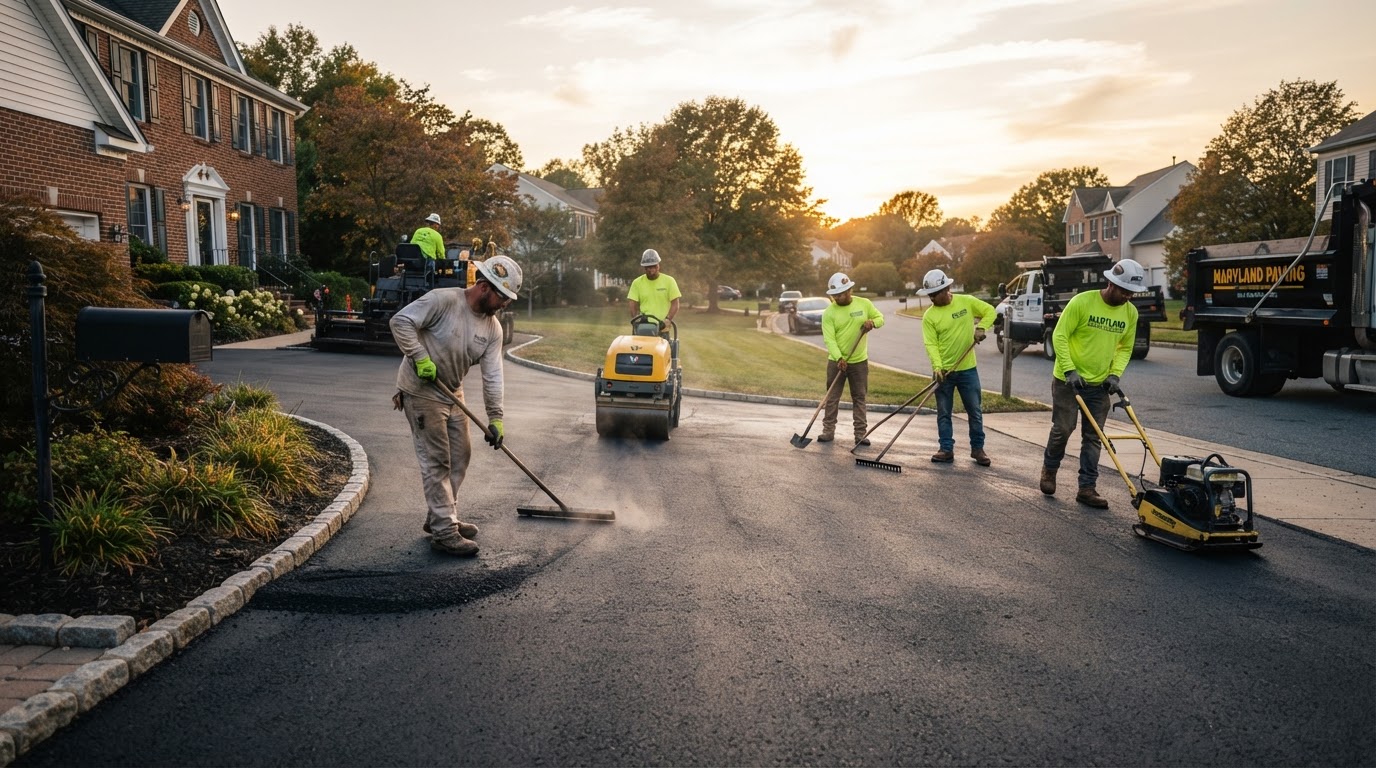 THE MAIN PAVING crew finishing an asphalt driveway in Maryland
