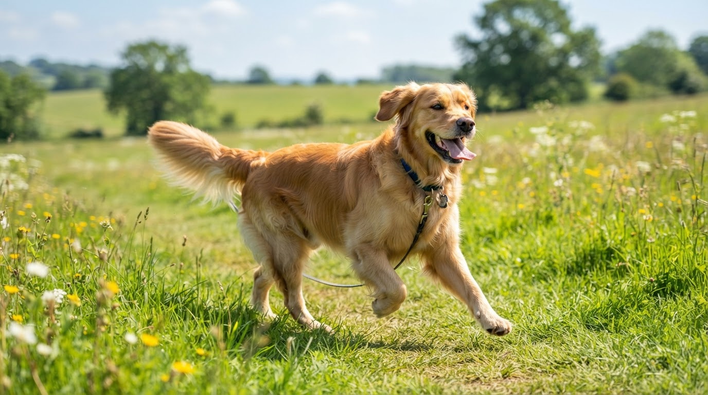 Happy golden retriever walking joyfully outdoors on a sunny field, mid-stride, representing recovery and mobility after orthopedic surgery