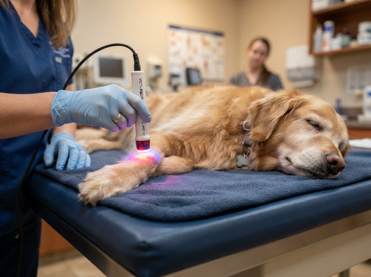 Close-up of a veterinary cold laser therapy wand emitting soft red and blue healing light over a dog's arthritic joint during a relaxing treatment session