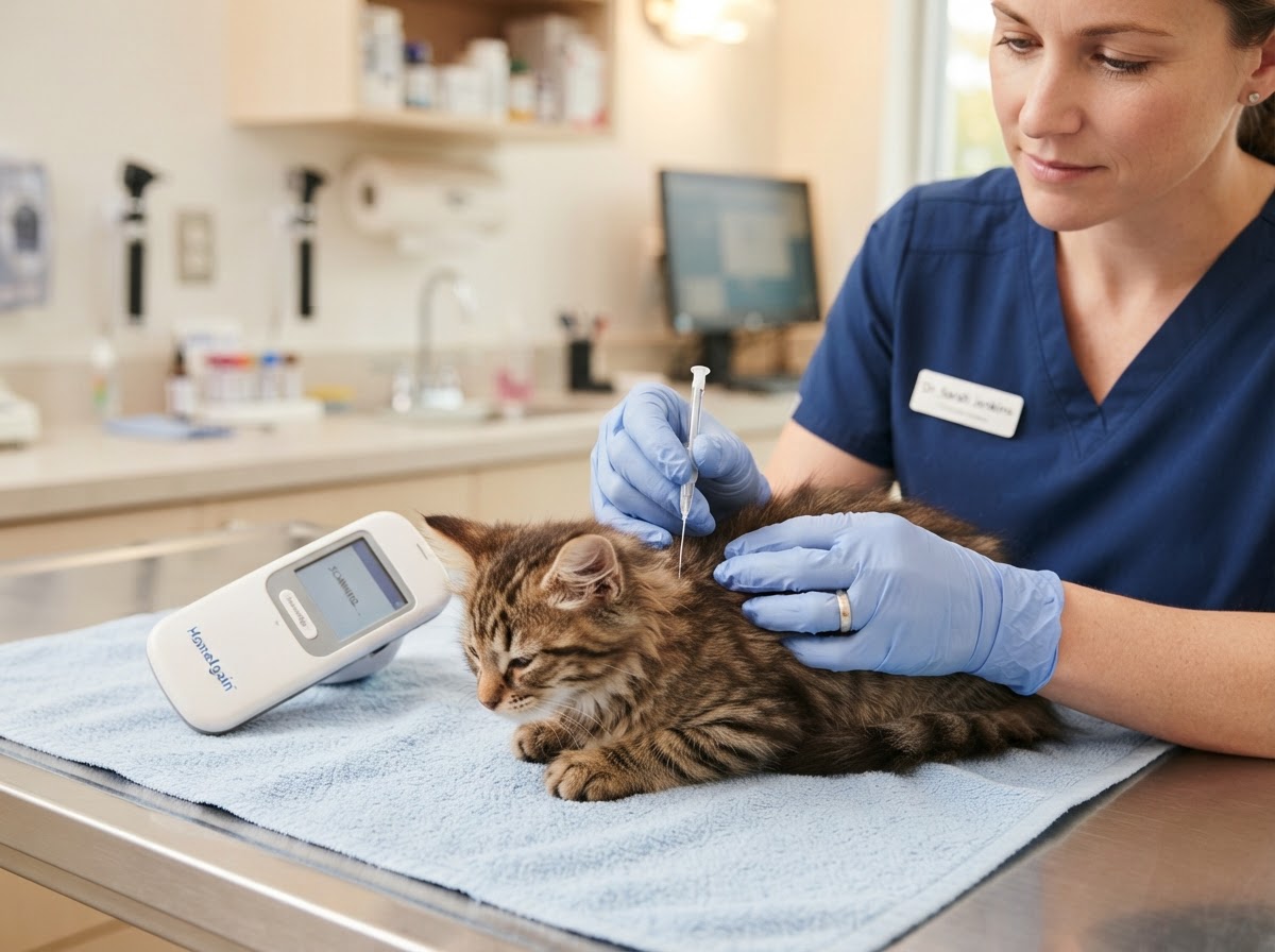 Close-up of a veterinarian gently implanting a tiny microchip into a fluffy kitten's shoulder with a handheld scanner visible