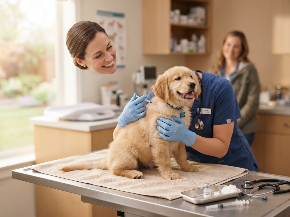 Friendly veterinarian giving a happy golden retriever puppy its vaccination in a bright modern clinic exam room