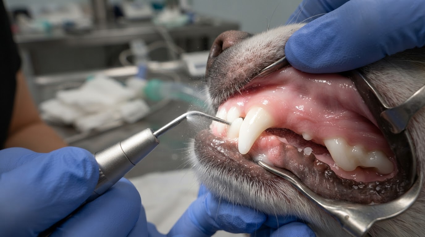Close-up of ultrasonic dental scaling on clean white canine teeth with a fine water mist during a veterinary dental cleaning