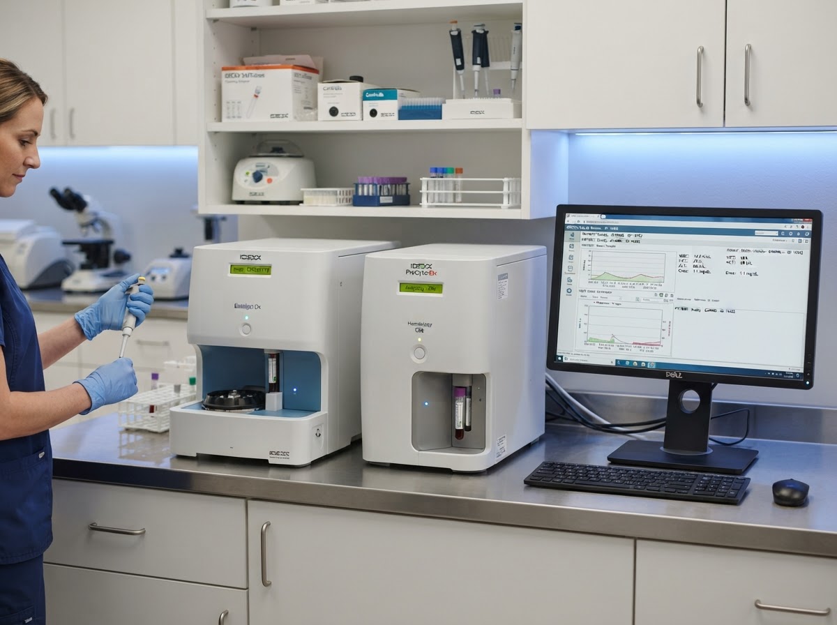 Modern veterinary in-house diagnostic laboratory with blood chemistry analyzer, hematology machine, and computer showing lab results