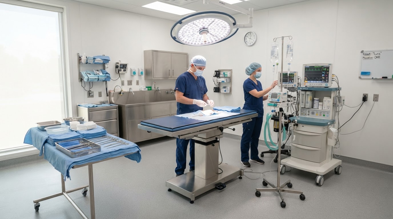 Pristine sterile surgical suite with overhead surgical lighting, anesthesia monitors, and instrument trays at Faithful Friends Animal Hospital