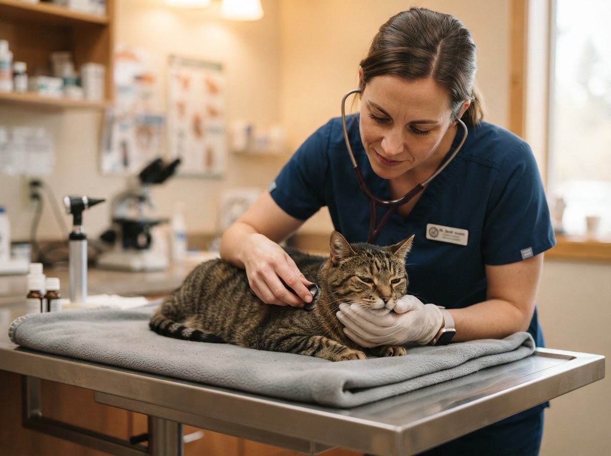 Caring veterinarian using a stethoscope to gently examine a slightly subdued but comfortable cat on a padded exam table