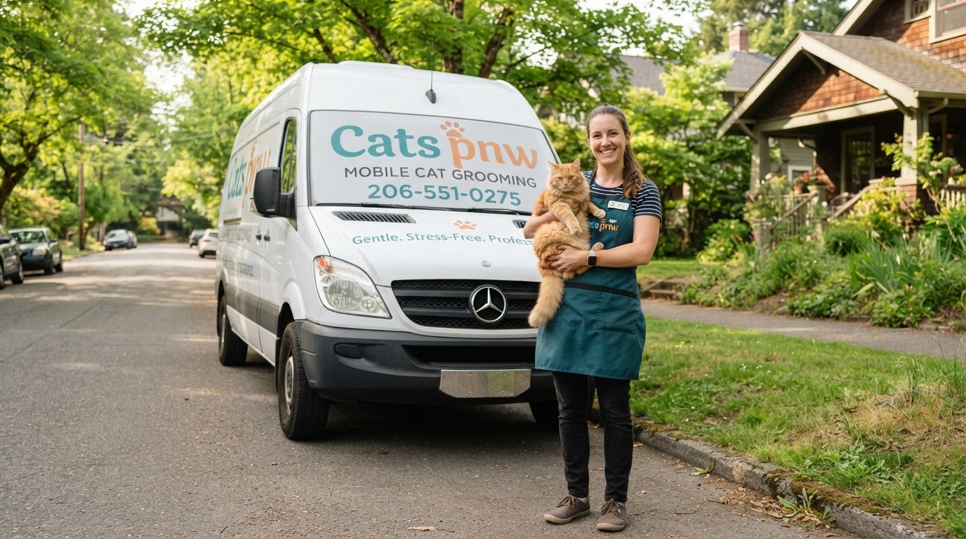 A friendly Catspnw cat groomer holding a calm orange tabby cat beside the Catspnw mobile grooming van, branded with the Catspnw name, paw print logo, and phone number 206-551-0275